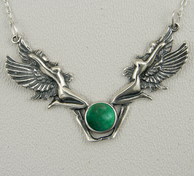 Sterling Silver Double Fairies Necklace With Green Turquoise
